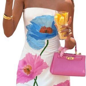Women's Floral Print Mini Tube Dress Strapless Sleeveless Bodycon Elegant